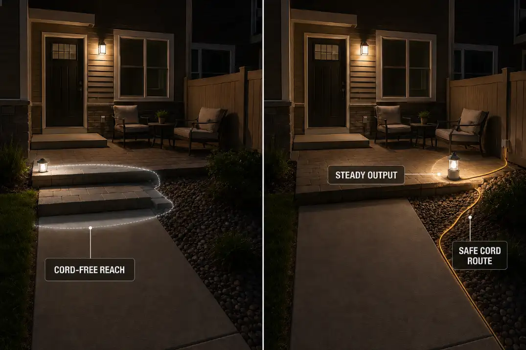 Battery and plug-in lights compared by placement freedom, output, and cord routing.