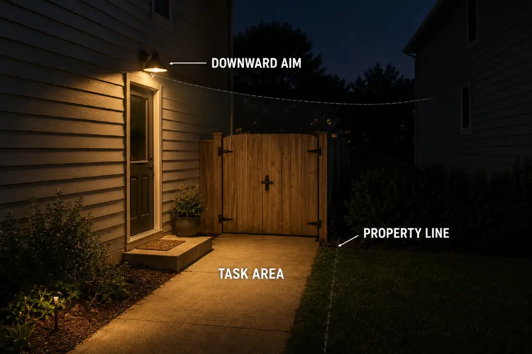 Downward outdoor light aim covering a walkway and stopping before the property line.