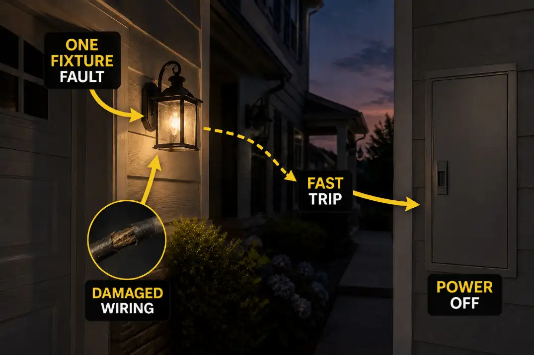 One outdoor light fixture highlighted as a likely short that causes a fast breaker trip.