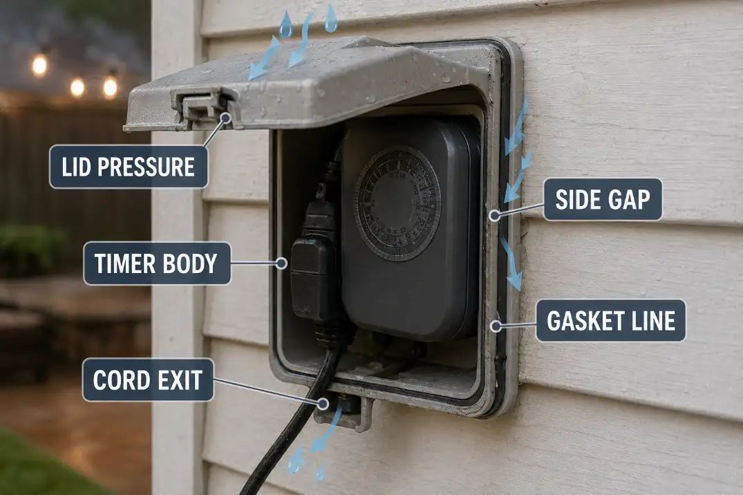 Outdoor in-use outlet cover showing cord exit gap and timer clearance pressure.