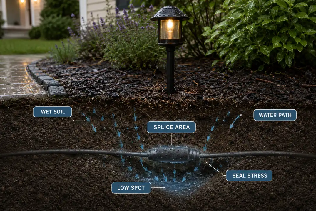 Wet soil path around a buried outdoor light splice showing low spot moisture and seal stress.