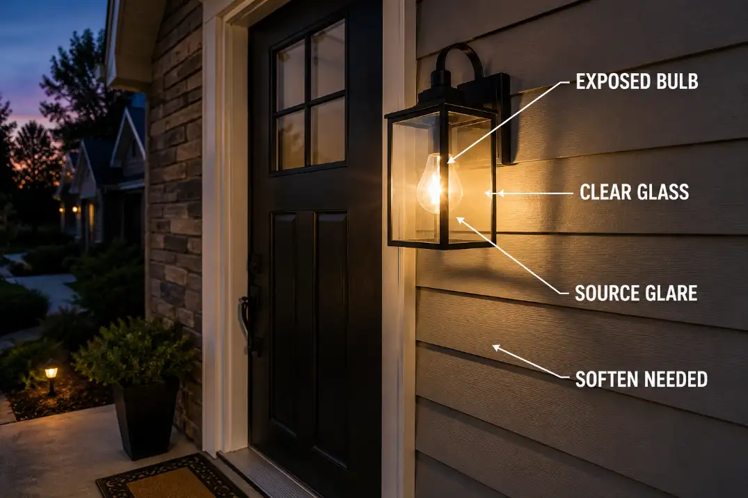 Clear-glass entry fixture showing an exposed bulb as the visible source of glare near the door.
