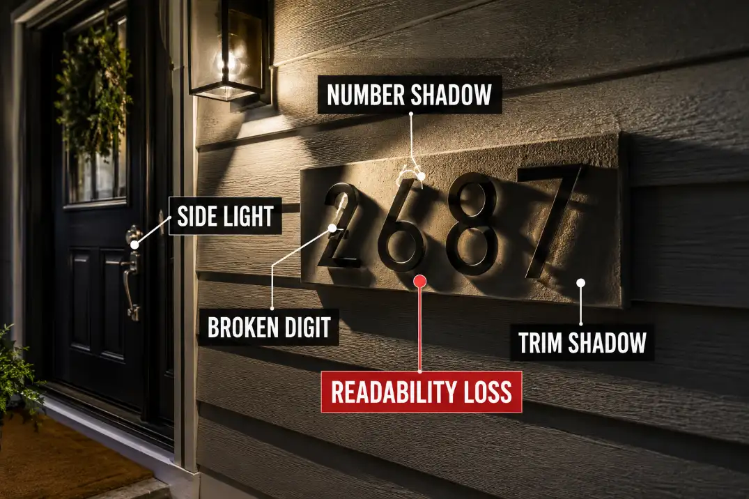 House number shadow overlay showing how side light and trim shadows can break the readable shape of raised digits.