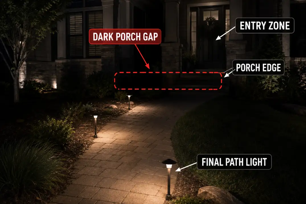 Dark porch gap between the final front walk light and the entry landing.