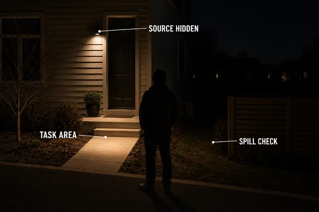 Downward outdoor light aim covering a walkway and stopping before the property line.
