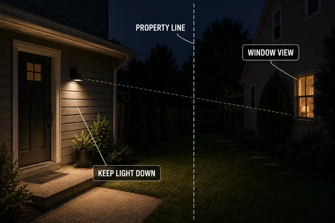 Property-line view shows controlled entry light kept below a neighboring window sightline.