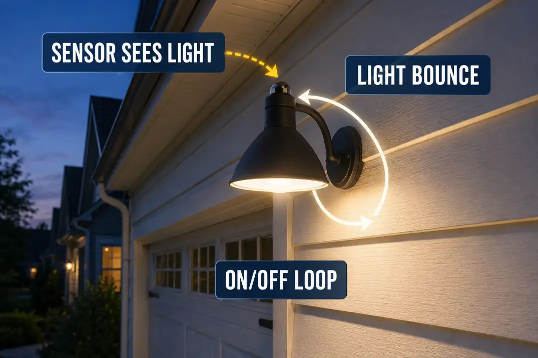 Outdoor photocell light creating an on off loop when its own light reflects back into the sensor.