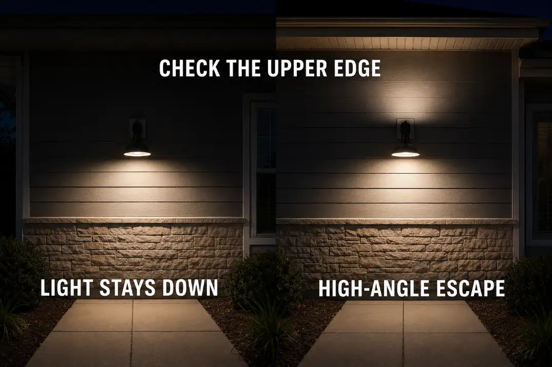 Downcast outdoor beam compared with high-angle light escaping toward the eave.