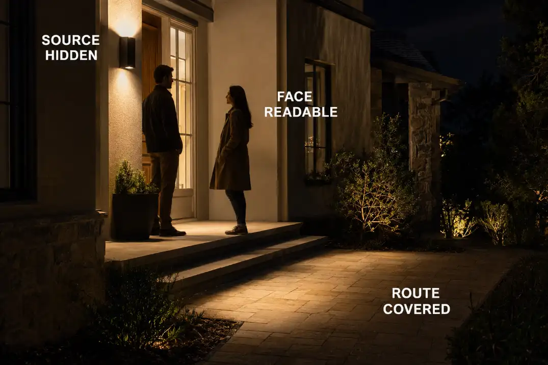 Shielded 2700K entry light keeping an arriving face and the approach route visible without direct eye-level glare.