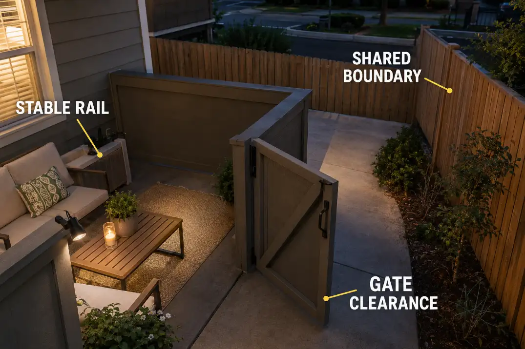 Renter patio layout separating a stable private rail from a shared fence and clear gate route.