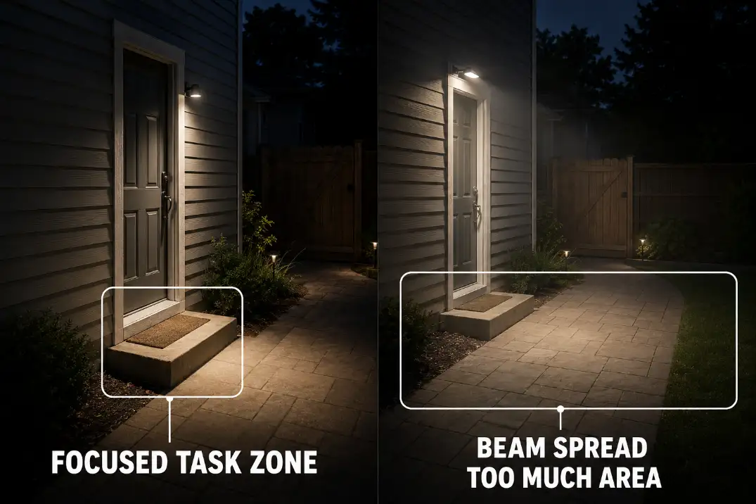 Focused battery light on a doorway task zone compared with diluted light across an oversized area.