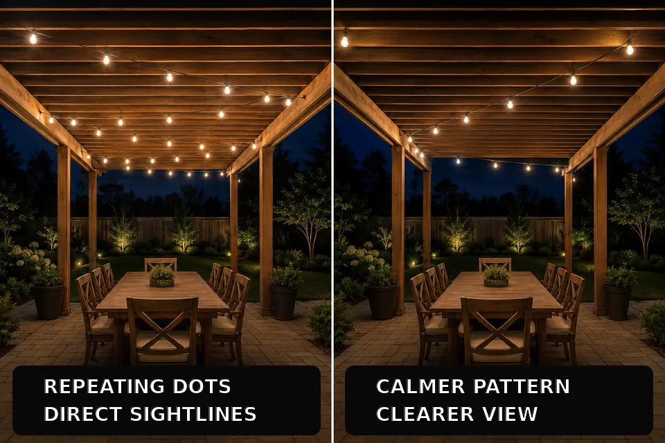 Dense zigzag string lights compared with a calmer pergola pattern that clears the seated view.