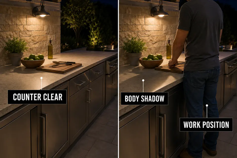 Outdoor kitchen counter shown clear when empty and shadowed when a person stands at the work position.