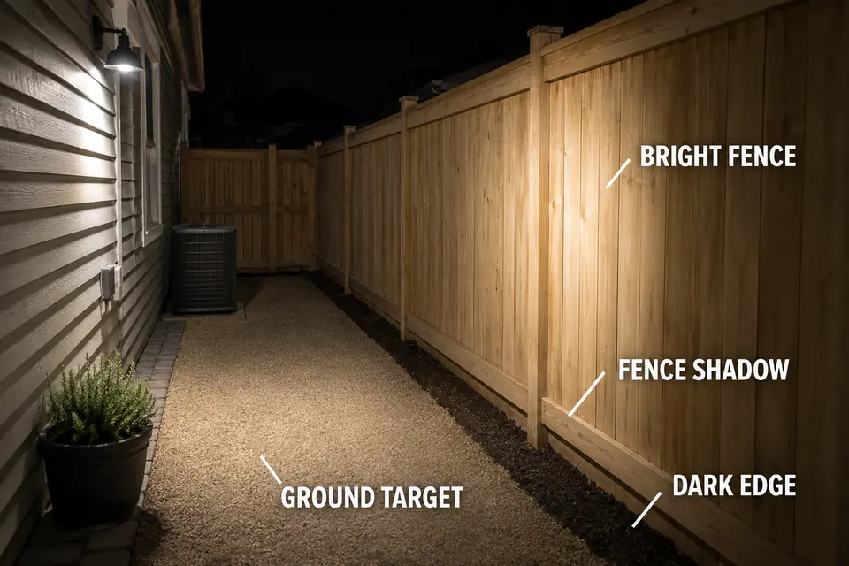 A bright dog run fence creates a shadow over the narrow ground edge below it.