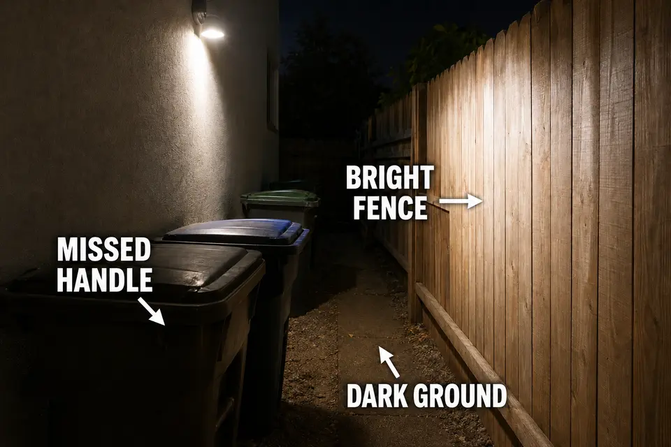 Brightly illuminated side-yard fence beside a dim trash-bin handle and dark walking surface.