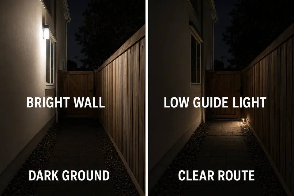 Matched side-yard comparison showing bright wall light versus low guide light defining the path.