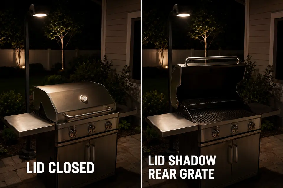 Open grill lid blocking rear light and leaving the back of the cooking grate in shadow.