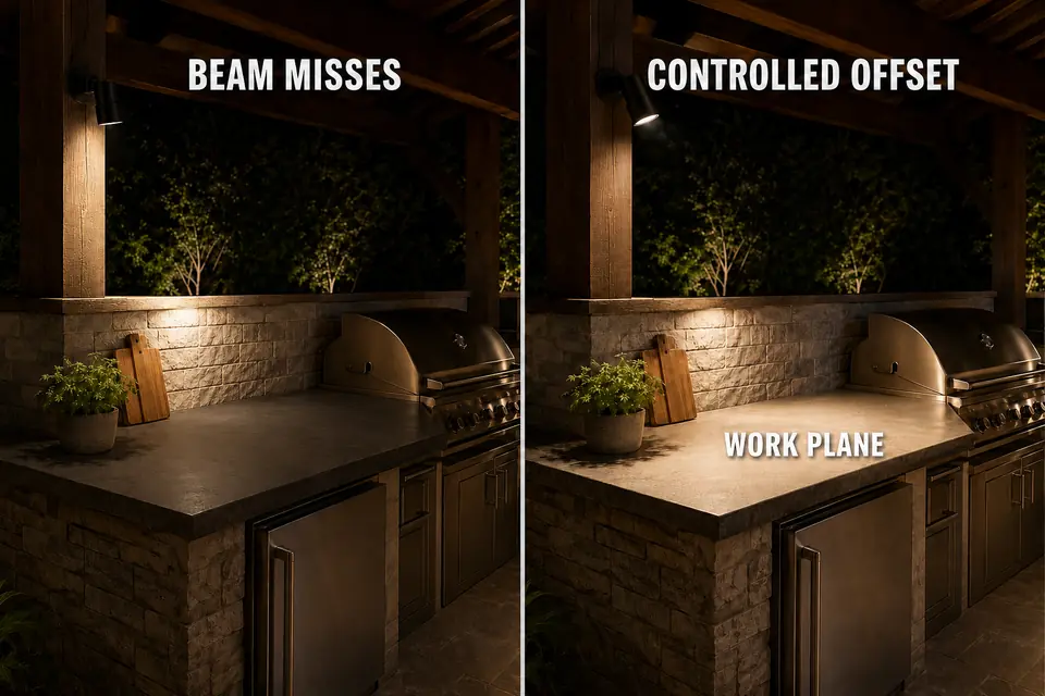 Pergola task light missing the counter compared with an offset beam covering the active preparation surface.