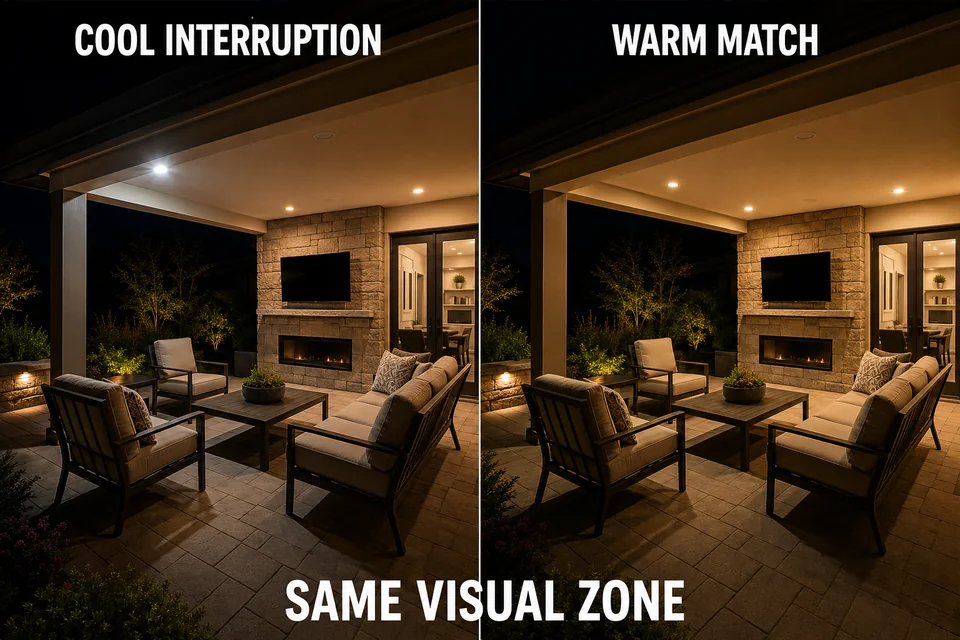 Matched outdoor lighting comparison showing a cool interruption beside a consistent warm patio zone.