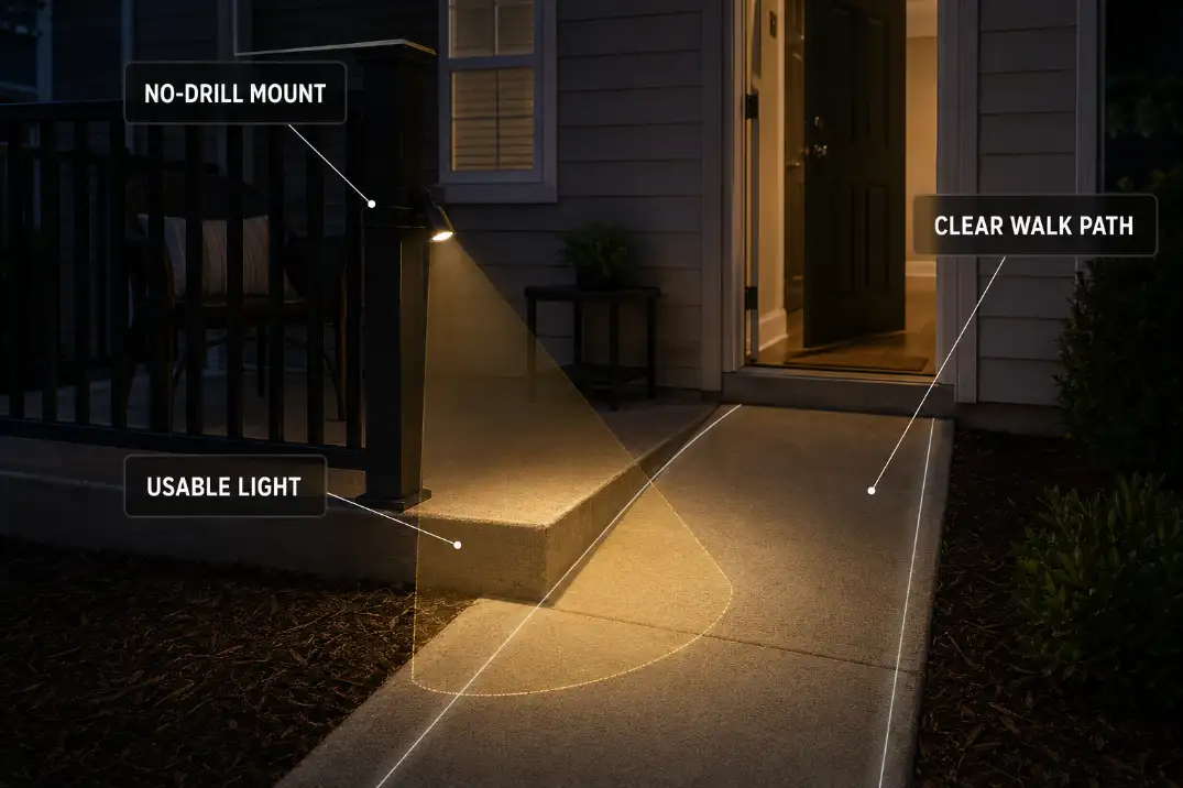 No-drill light mounted securely and aimed toward a clear entry path.