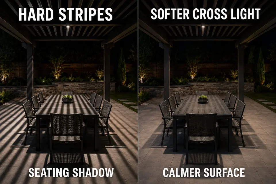 The same pergola with hard striped shadows before and softer cross light reduces their contrast.