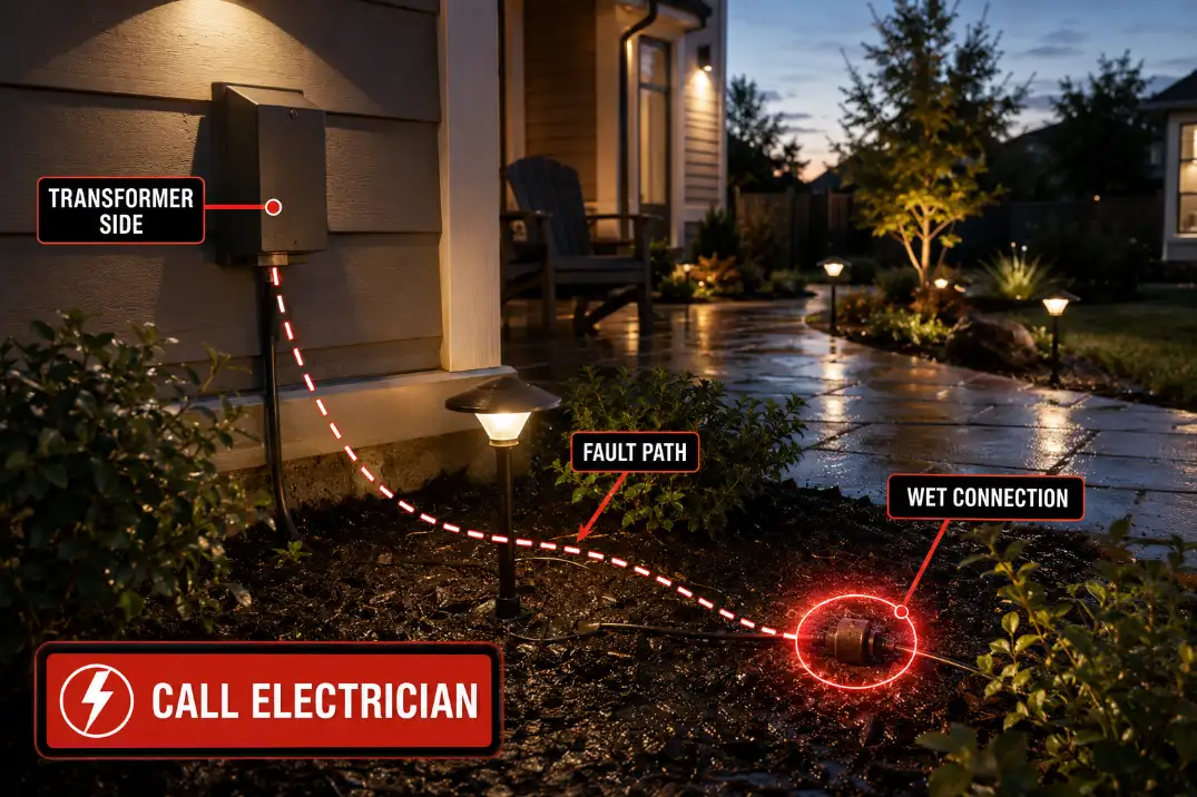 Low-voltage landscape lighting transformer and wet connection showing a fault path that can trip or shut down the system.