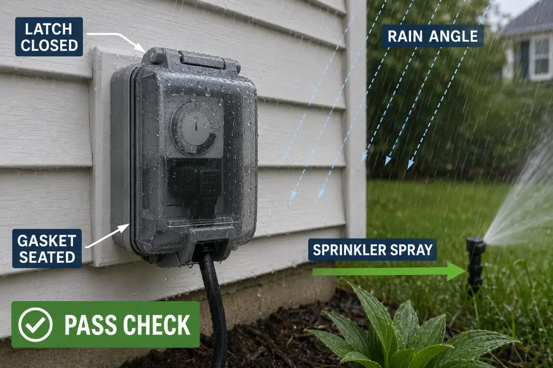 Rain fit test for an outdoor outlet cover with the light cord and timer plugged in.