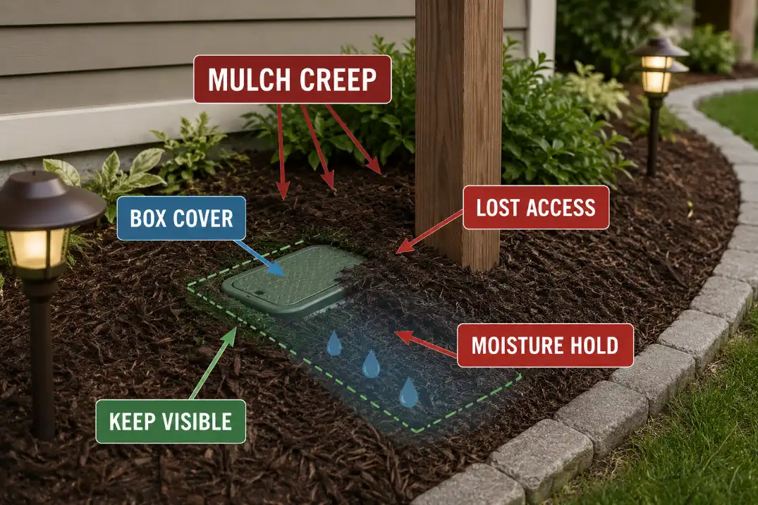 Mulch creeping around an outdoor junction box showing lost access and moisture-holding risk.