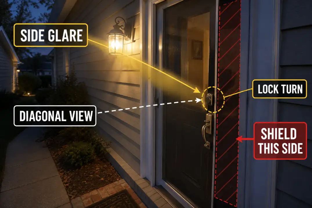 Diagonal side-glare overlay showing a clear-glass entry light visible from the lock side of a front door.