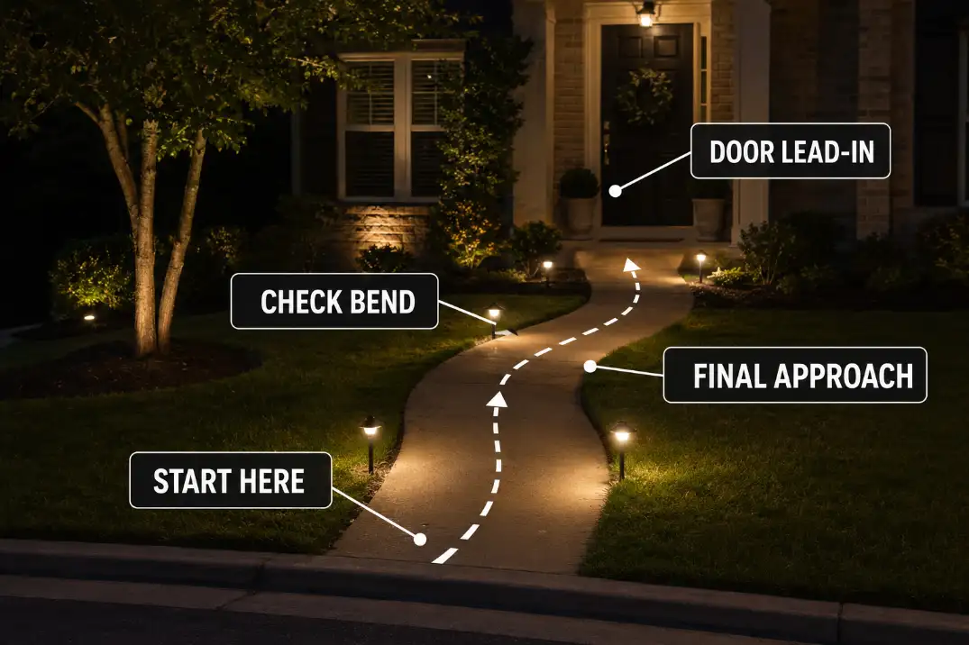 Night walk test showing the route from curb to front door through the final approach.