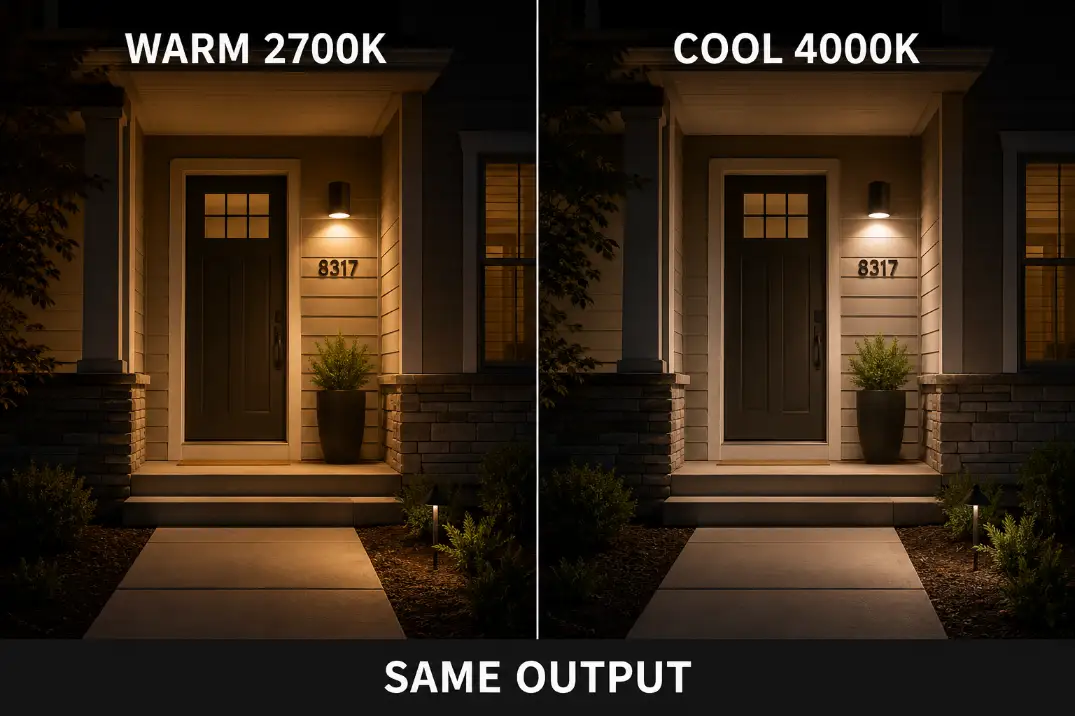 The same shielded entry fixture compares 2700K and 4000K light at equal output.