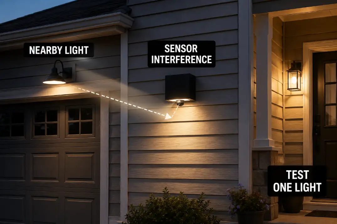 Diagram showing a nearby outdoor light interfering with a photocell sensor at dusk.