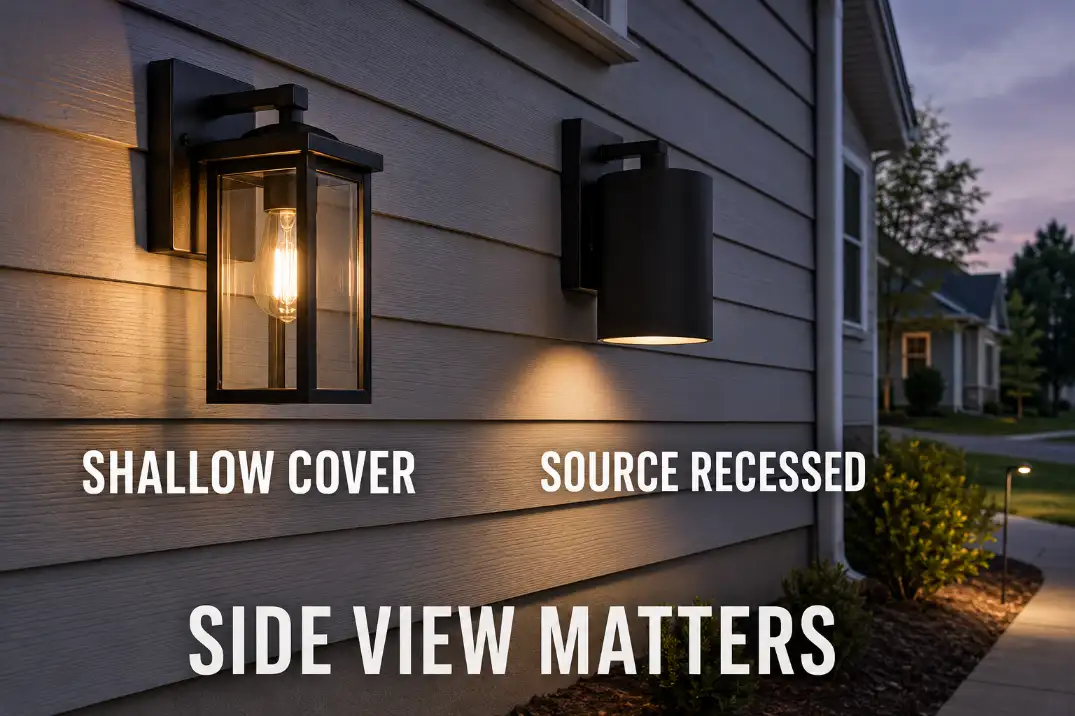 Shallow clear-sided wall light compared with an open-bottom fixture using a recessed source.