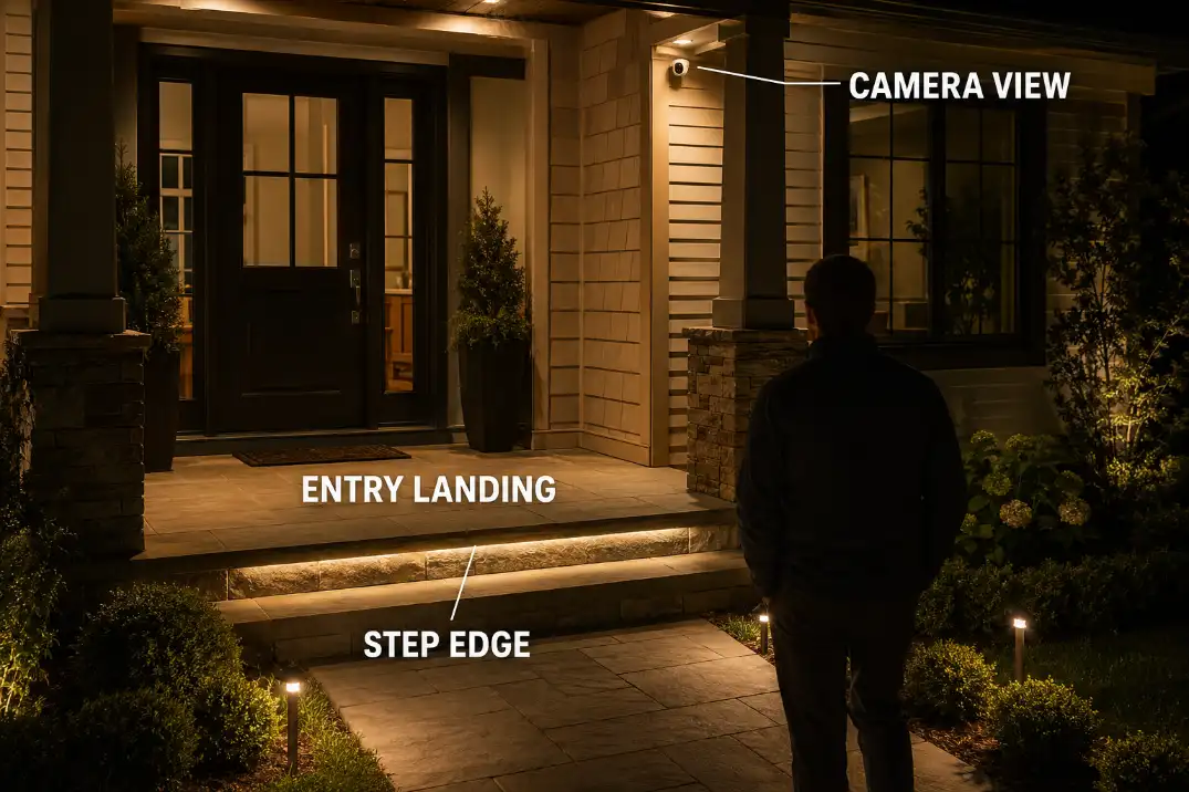 Homeowner checking step visibility, the entry zone, and security-camera coverage under controlled 2700K outdoor light.