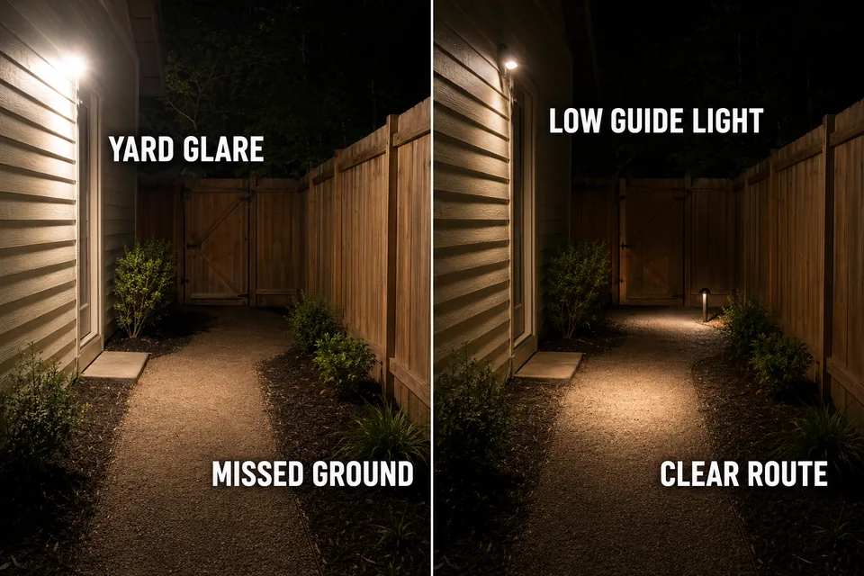 A low guide light completes a dark turn in the dog run without increasing glare across the yard.