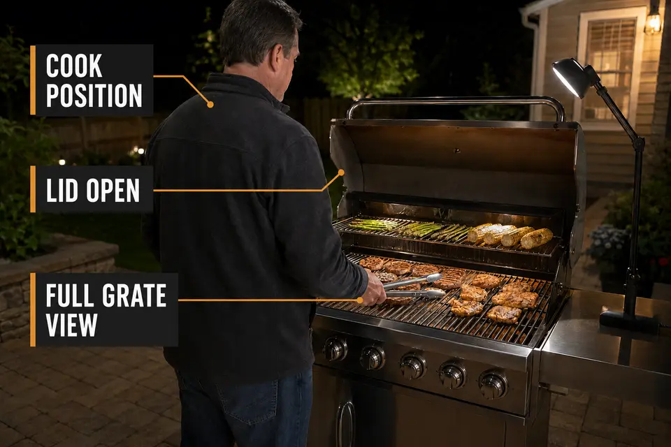 Cook testing an open grill while offset task light keeps the entire grate visible.