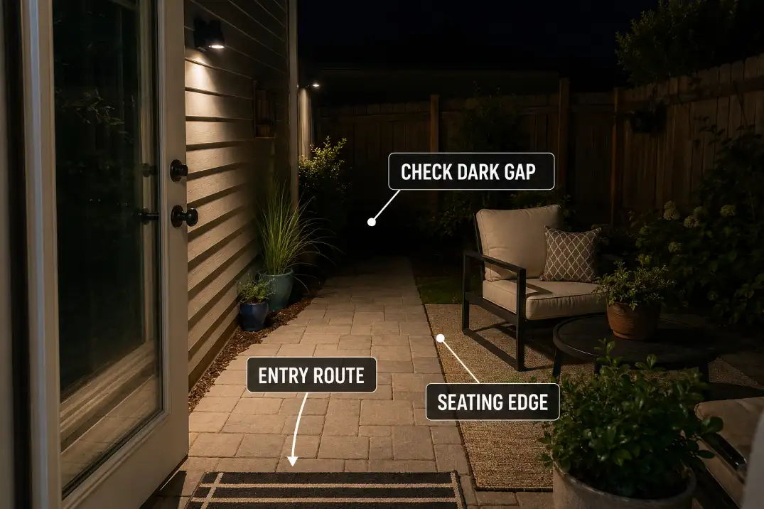 Cord-free patio lights covering the entry and seating edge while revealing a remaining dark gap.