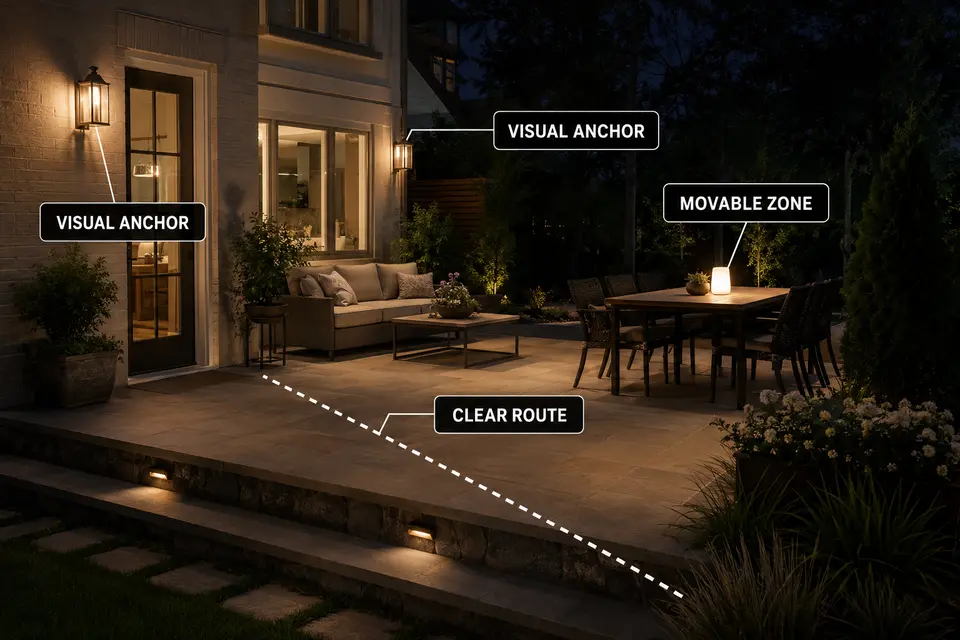 Elevated patio layout with stable light anchors, a movable activity zone, and a clear walking route.