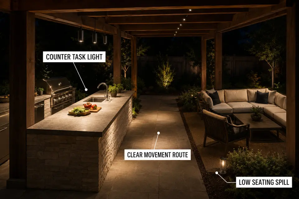 Layered pergola lighting with focused counter light, a clear walking route, and limited spill toward nearby seating.