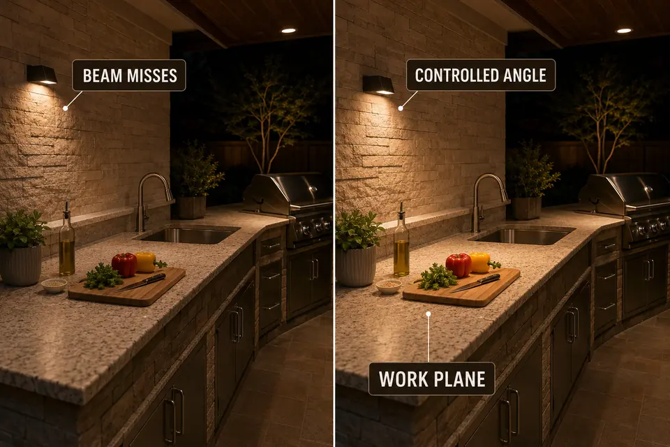 Side-angle comparison of an outdoor kitchen light missing the counter and reaching the central work plane.