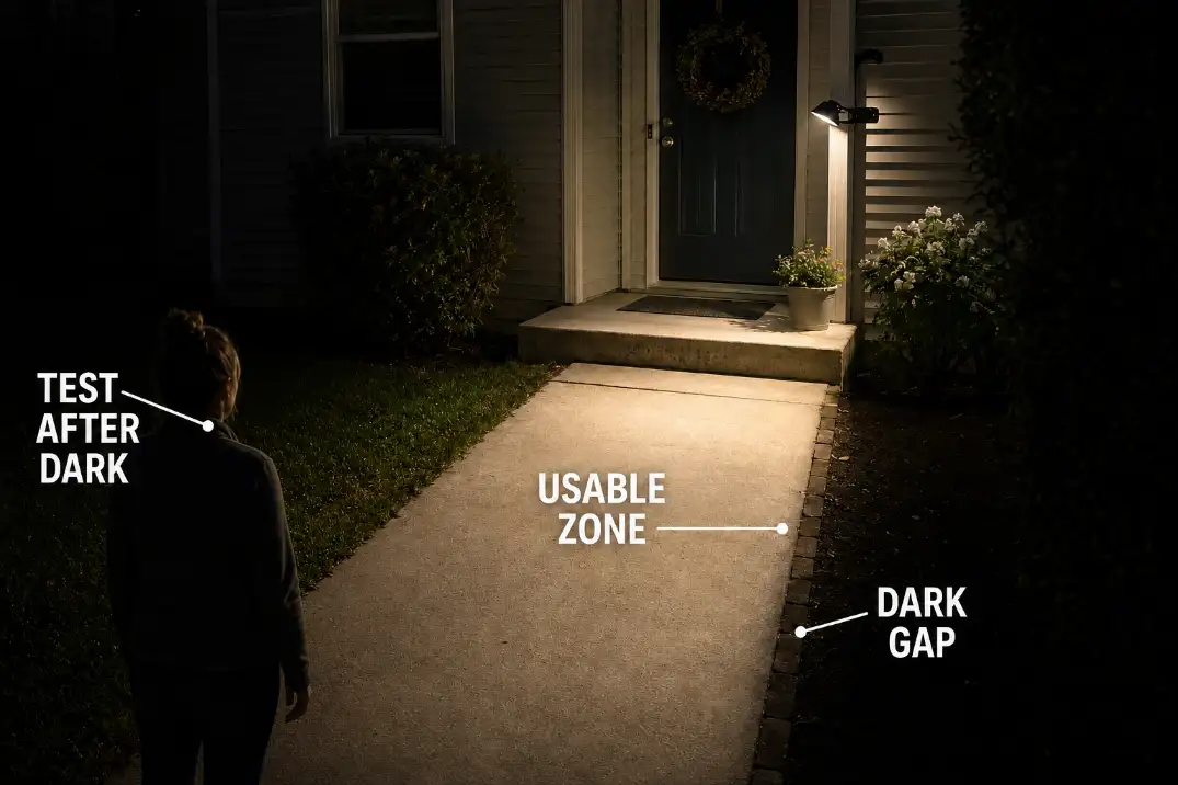 After-dark test showing usable entry light and a remaining dark gap.