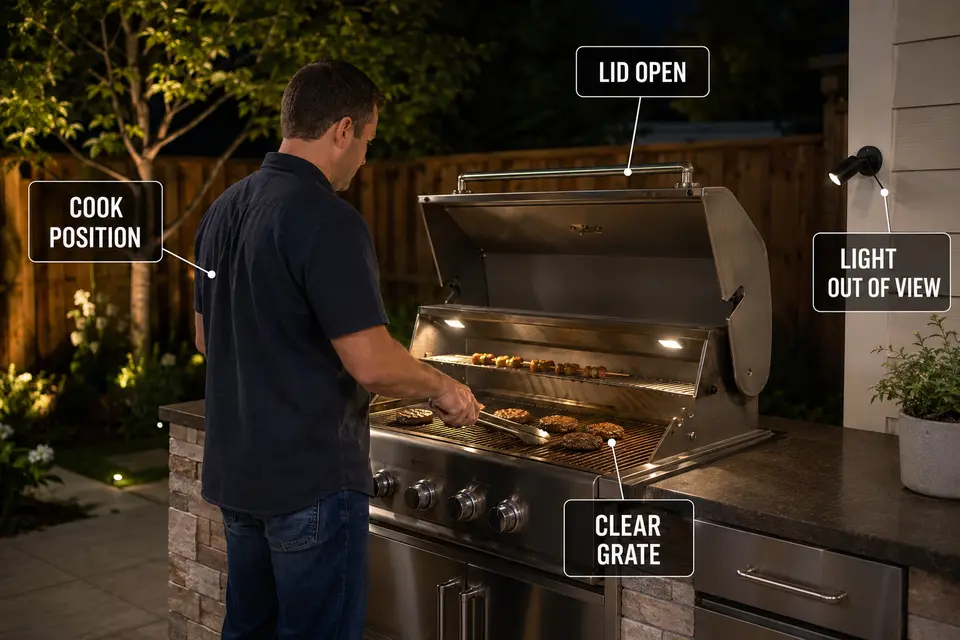 Cook testing an open grill with the grate visible and the task light outside the normal eye line.