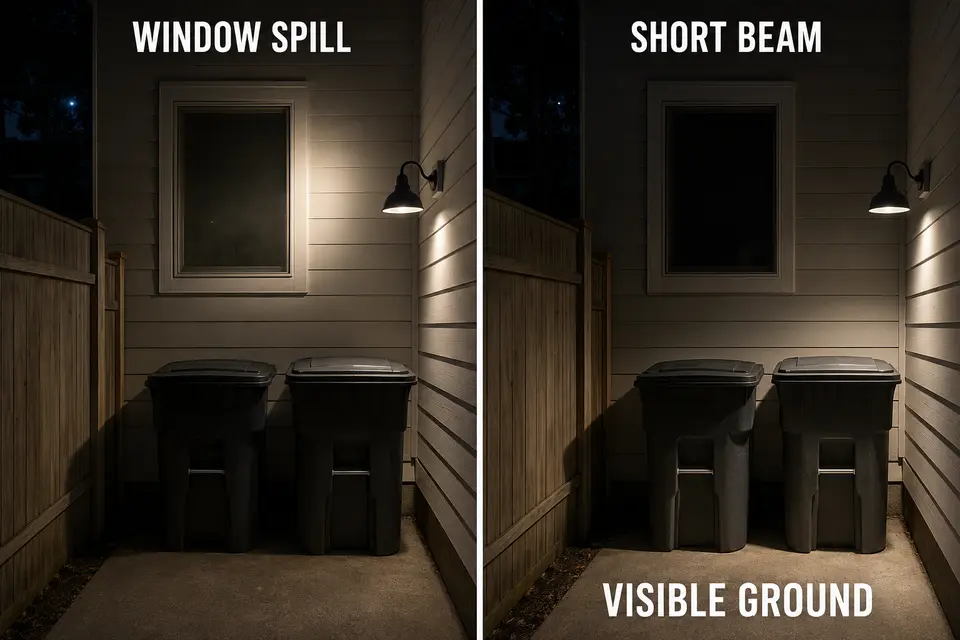 Window spill compared with a short downward beam that illuminates the trash bins and ground.