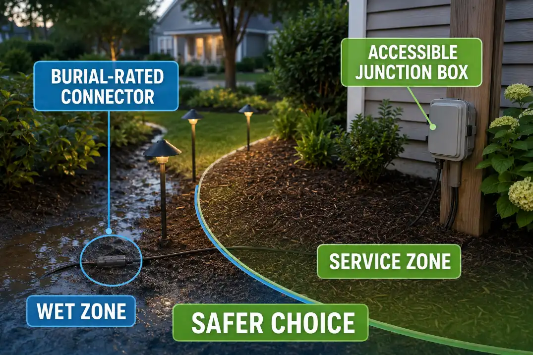 Outdoor light splice decision map showing where a burial-rated connector or accessible junction box is safer.
