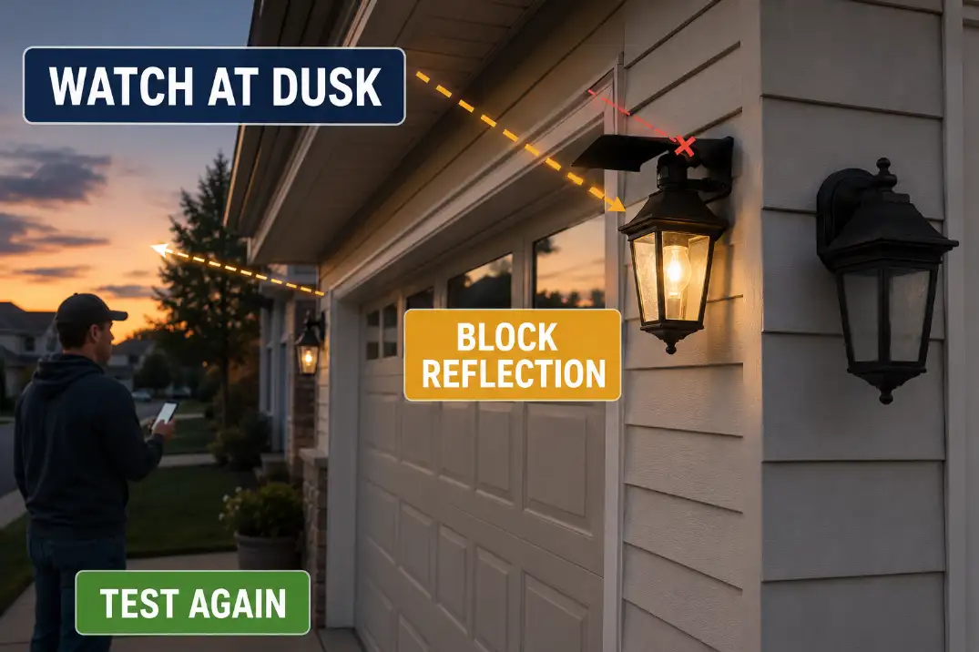 Homeowner-safe dusk stability test for a photocell light that flickers near sunset.