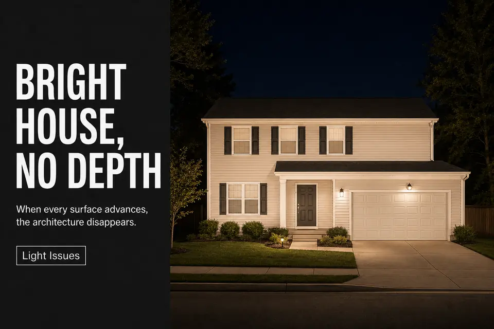 Bright front yard lighting washes a home’s facade evenly and makes its architectural depth disappear at night.