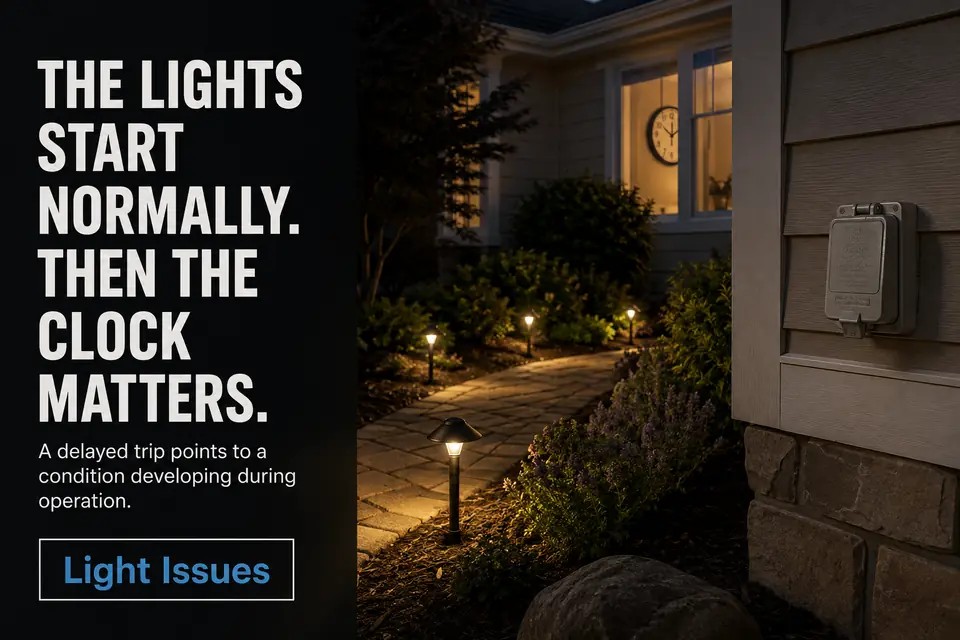 Outdoor landscape lights operating before a delayed GFCI trip develops.