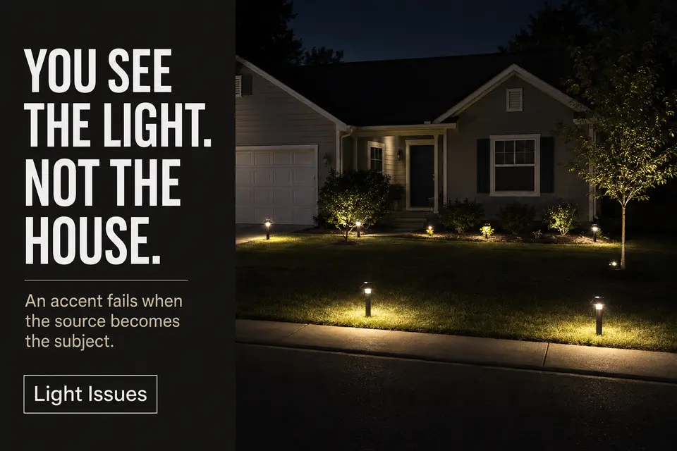 Visible front-yard accent lights and bright ground pools drawing more attention than the house at night.