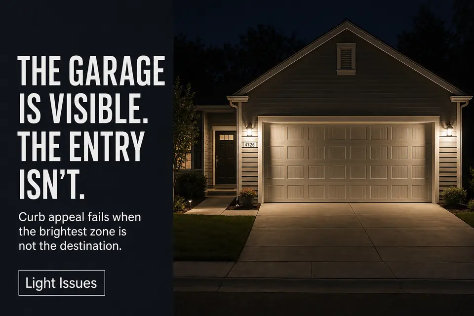 Bright attached garage overpowering a recessed front door in the nighttime view of a suburban home.