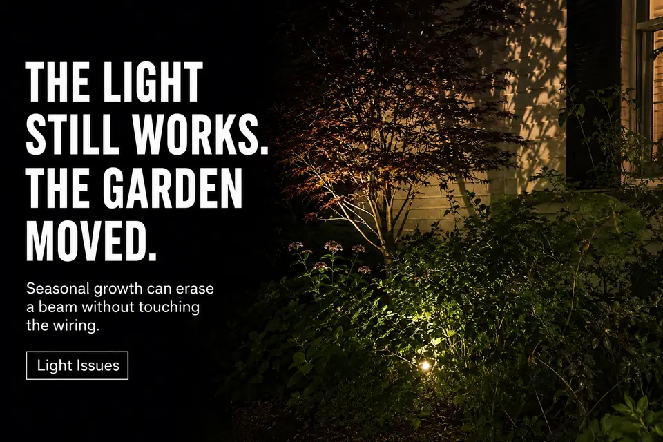 Spring foliage hiding a working landscape light and weakening the illumination on its intended tree and wall.